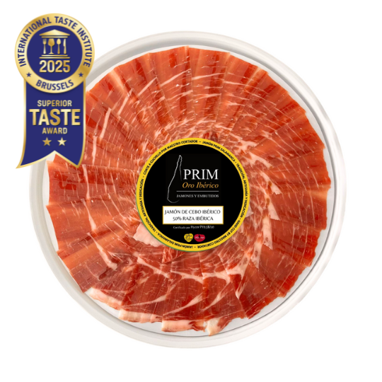 Plato cortado a Cuchillo de Jamón de Cebo Ibérico 50% Raza Ibérica de 100grs en atmósfera protectora