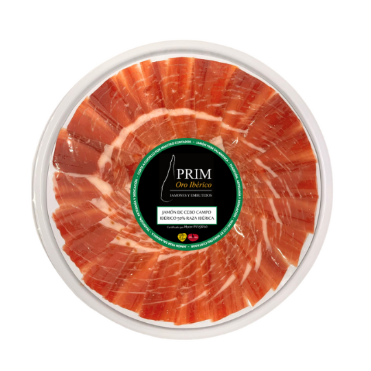 Plato cortado a Cuchillo de Jamón de Cebo de Campo Ibérico 50% Raza Ibérica de 100grs en atmósfera protectora